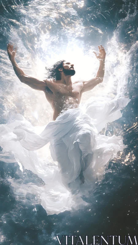Radiant male figure ascending through luminous aqueous vortex