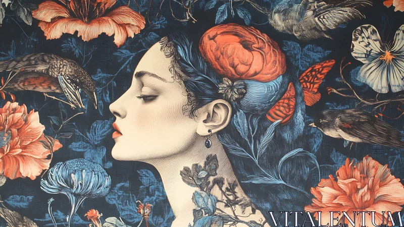 Surreal profile portrait amid floral and avian reverie.