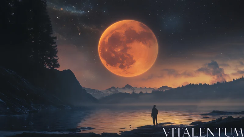 Crimson supermoon over misty lake horizon at twilight