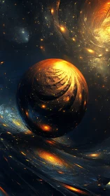 Golden cosmic sphere drifting through swirling starlight.