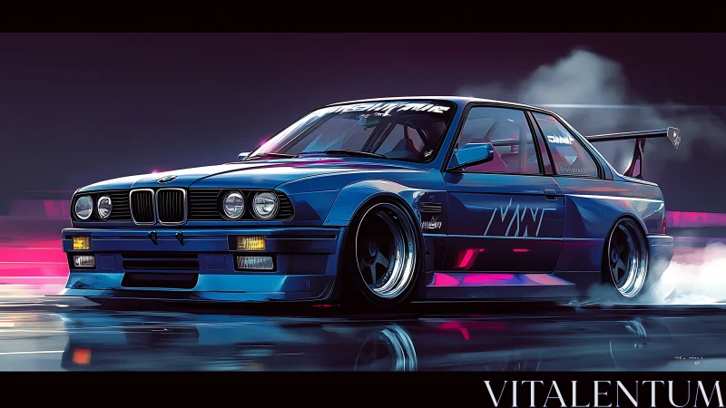 Neon midnight drifter coupe prowls a vaporwave racetrack.