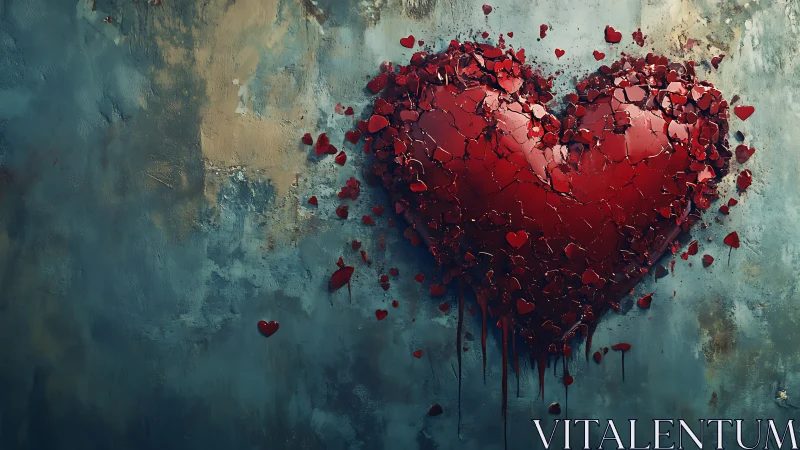 Heart Tree Bursting with Falling Hearts Against Weathered Wall