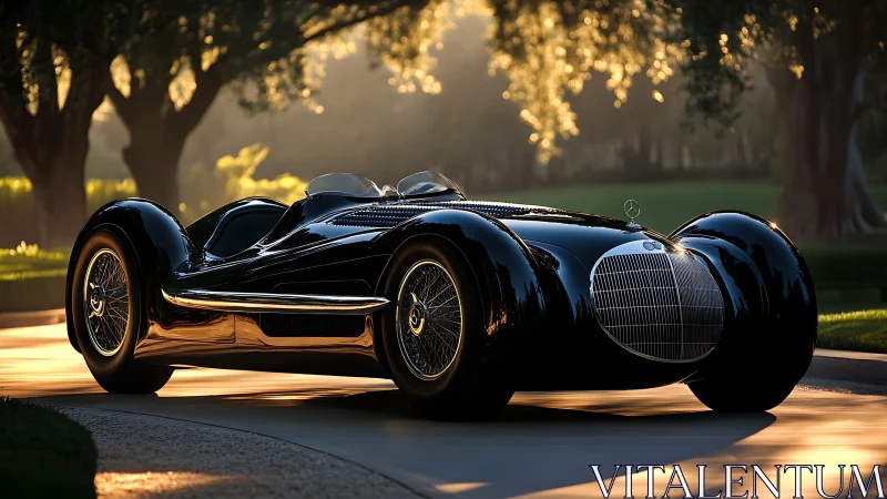Black classic roadster on sunlit tree lined driveway.