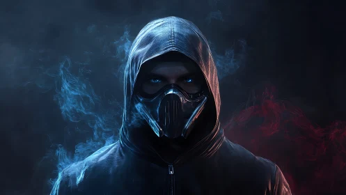 Hooded masked figure stands in blue and red drifting smoke