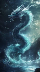 Bioluminescent serpentine dragon coils above luminous water