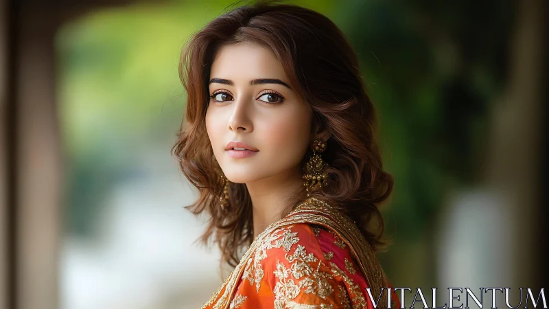 Portrait captures soft-depth lighting on ornate embroidered attire