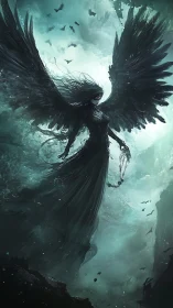 Winged humanoid figure stands in dense teal atmospheric mist
