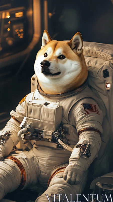 Shiba inu astronaut poised inside warm-lit spacecraft cabin.