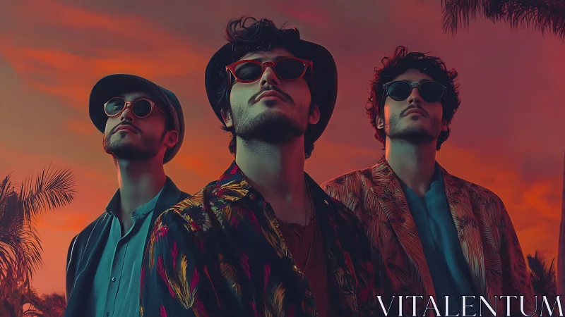 Stylized trio in tropical attire gaze upward under neon sunset