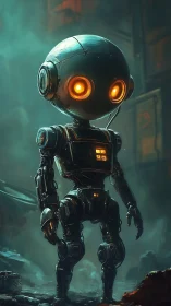 Glowing-eyed robot explores misty sci-fi industrial ruins.