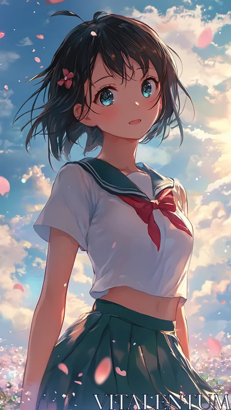 Anime schoolgirl stands outdoors under bright cloudy sky