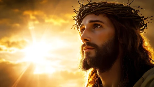 Photorealistic devotional portrait with radiant backlighting.