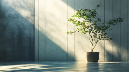 Indirect sunlight rakes across potted tree in minimal concrete interior