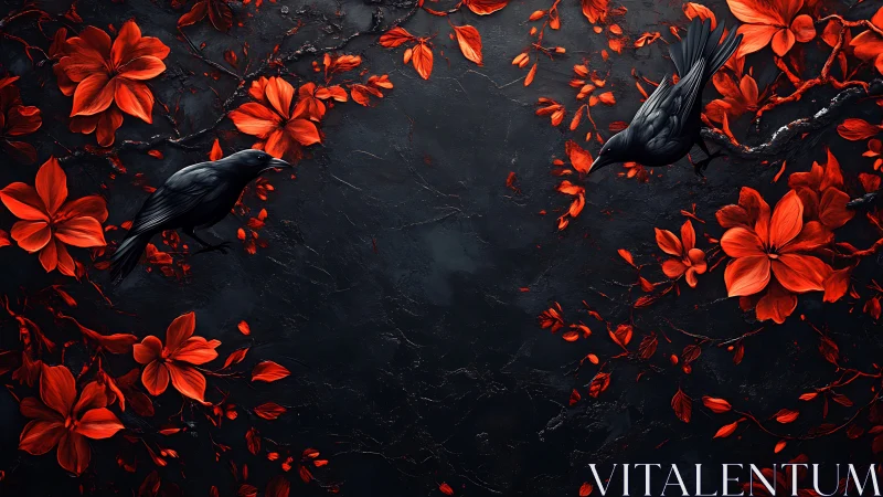 Midnight ravens drifting through scarlet flower dreams.