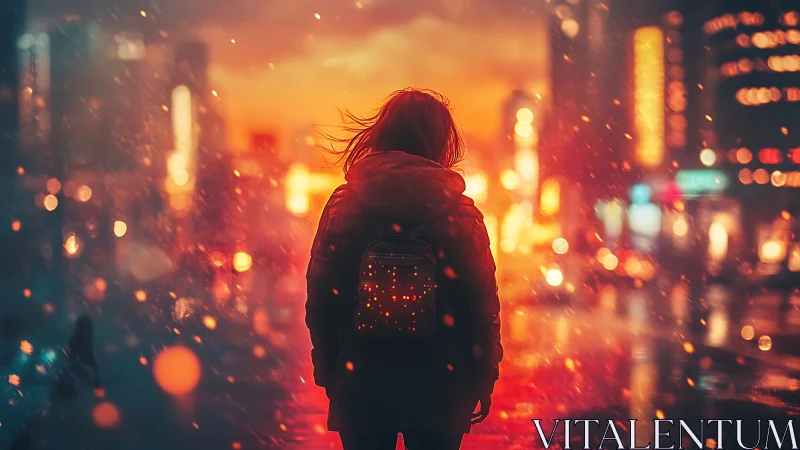 Backlit dreamer wandering through ember-soaked city dusk.