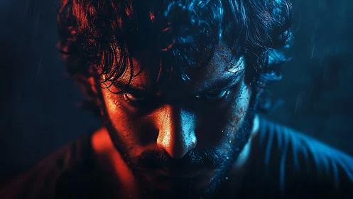 Intense male portrait under rain with dramatic neon lighting