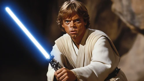 Cinematic sci fi warrior with glowing plasma sword in desert