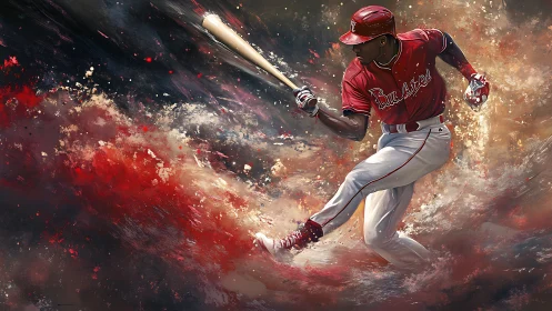Baseball player batting amid dynamic abstract color field.
