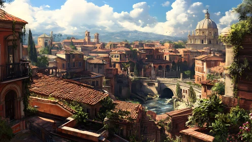 Sunlit terracotta river cityscape with domed basilica vista.