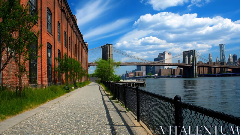 Brooklyn waterfront path meets bridge and skyline view.