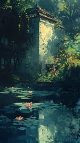 Sunlit stone pavilion by shaded lily pond in dense garden