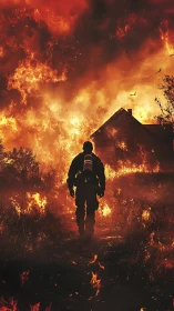 Firefighter Advancing Through Inferno: Structural Collapse and Smoke.