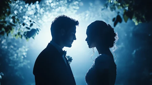 Silhouetted wedding couple under moonlit forest glow.