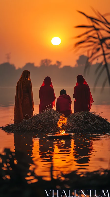 Sunrise prayers by the riverside in glowing orange light.