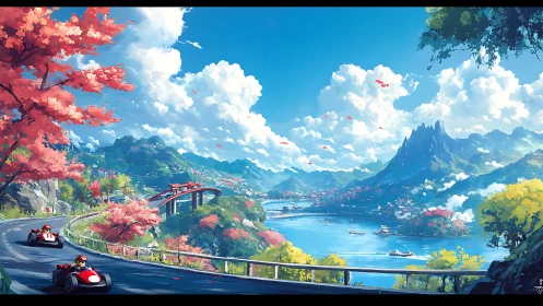 Kart racers traverse coastal mountain switchback under volumetric clouds