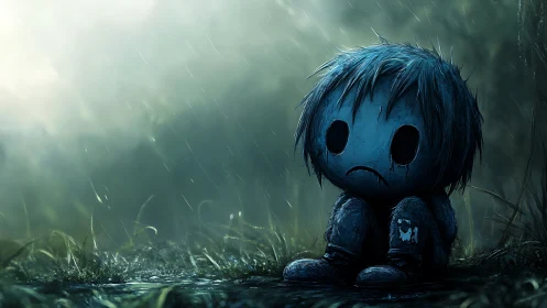Rain-soaked sad doll curls into shadows of a quiet storm.