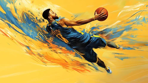 Basketball player in midair layup over abstract strokes.