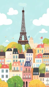 Paris neighborhood illustration with Eiffel Tower skyline.