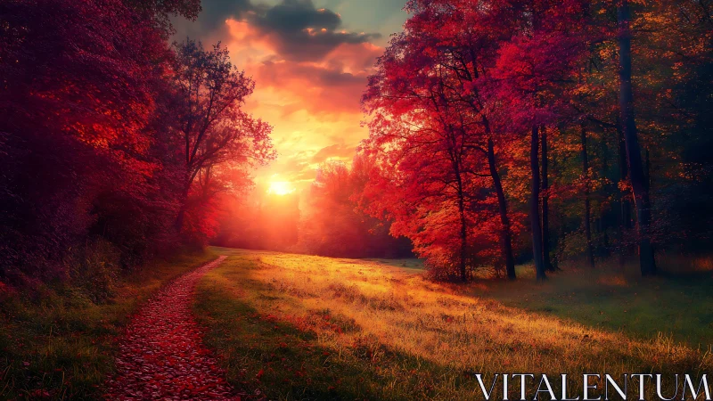 Fiery Sunset Path Through Autumn Forest.