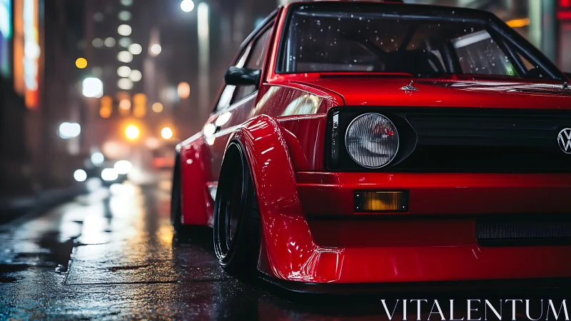 Low-slung red tuner car under neon city rain at night.