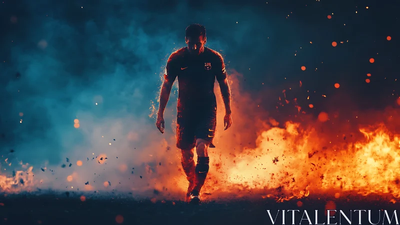 Lone footballer strides through fire and smoke in battlelight