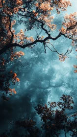 Upward Canopy View with Autumn Foliage Against Turquoise Sky.