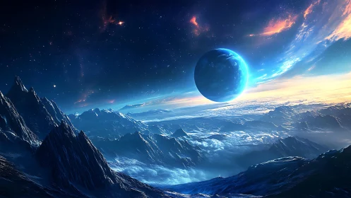 Exoplanet horizon above frozen mountain cloudscape at dawn