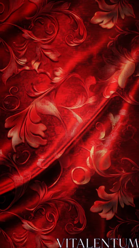 Luxurious red damask fabric ripples with ornate floral grace