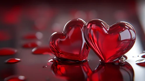 Three dimensional glass hearts rendered with optical refraction.