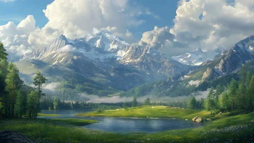 Quiet alpine valley cradled by sunlit snowcapped peaks.