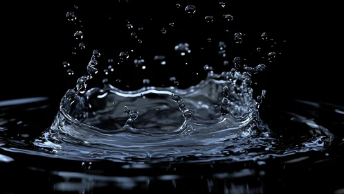 High-speed water splash crown with sharp suspended droplets.