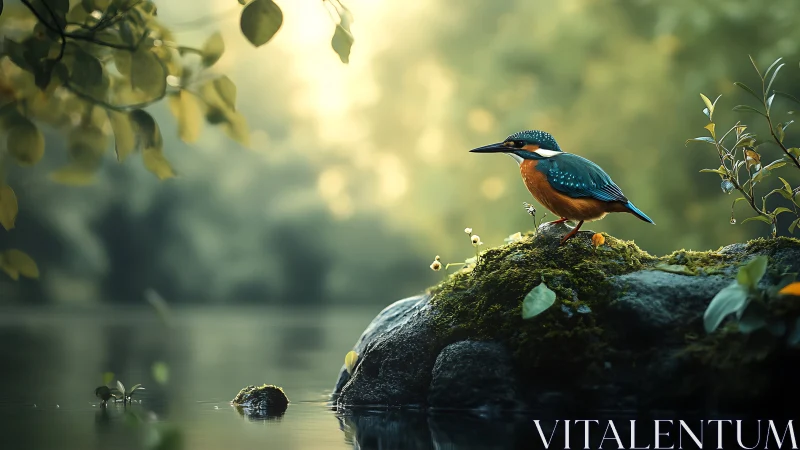 Vibrant kingfisher on mossy river rock in dreamy morning light.