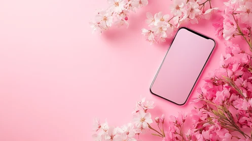 Smartphone Mockup Surrounded by Pink Blossoms.