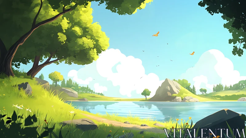 Bright summer lakeside landscape with trees and hills.