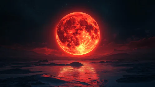 Red lunar body over dark coastal landscape at night.