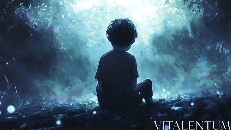 Backlit child silhouette in luminous nocturnal digital mist.