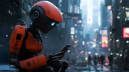 Orange service robot seated in dense urban street at night.