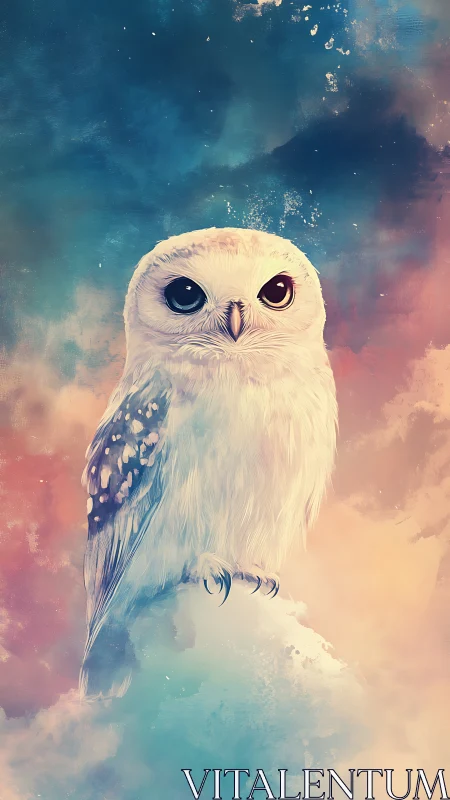 High-key owl portrait against diffuse bokeh nebula gradient sky