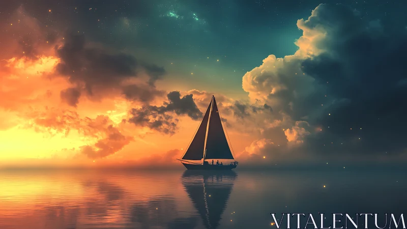 Sailboat cuts across bioluminescent sea under cosmic sunset
