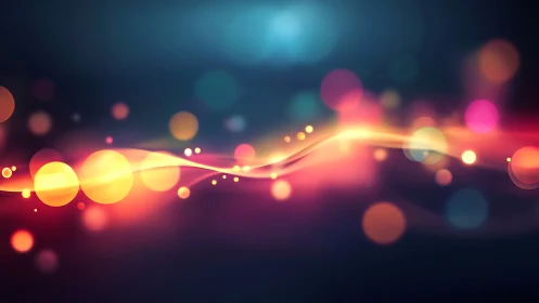 Abstract light waves with colored bokeh orbs on dark field.